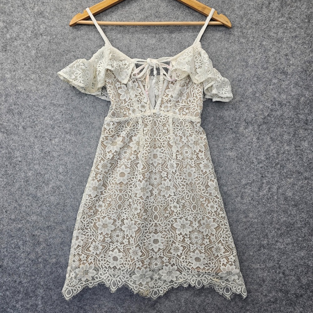 Y2K Angel Coquette Lace Dress XS White Cold Shoulder Cocktail FOR LOVE LEMONS